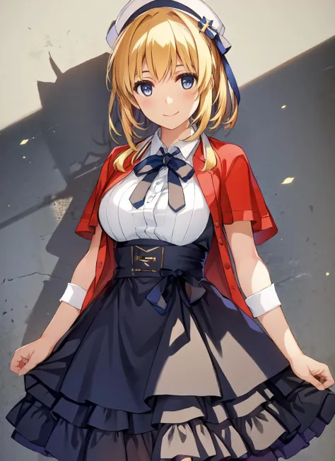 (masterpiece:1.2), (best quality:1.2) 1girl, solo, smile, standing, breasts, looking at viewer, <lora:misaki_kurehito-141:0.9>