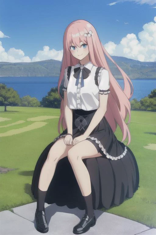 <lora:LuvV1:.65>,1girl, black skirt, blue eyes, blue sky, bow, crossed legs, day, flower, frills, hair ornament, long hair,  pink hair, sitting, skirt,smile, solo, very long hair, scenic,