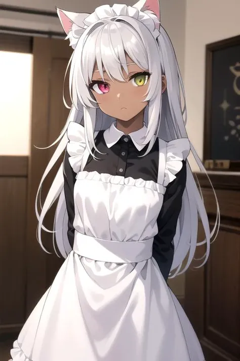 (sfw), cat girl, cute, (dark bronze skin, absurdly long silver hair, silver fur, fluffy cat ears), detailed eyes, heterochromia, detailed maid outfit, arms behind back, cowboy shot, inside, detailed room background