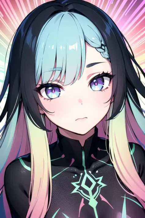 (multicolored hair, long hair), beautiful detailed face, reflective eyes, expressive eyes, colorful eyes, eyelashes, ((psychedelic)), hypnotizing background, (((pastel colors))), distinct outline, thick black outline around character, neon glow, (face focus), rich dress, intricately detailed clothing, perfect silk