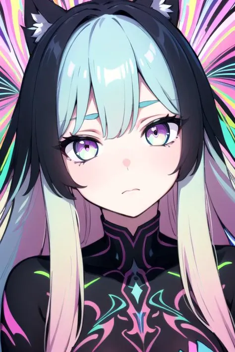 (multicolored hair, long hair), beautiful detailed face, reflective eyes, expressive eyes, colorful eyes, eyelashes, ((psychedelic)), hypnotizing background, (((pastel colors))), distinct outline, thick black outline around character, neon glow, (face focus), rich dress, intricately detailed clothing, perfect silk