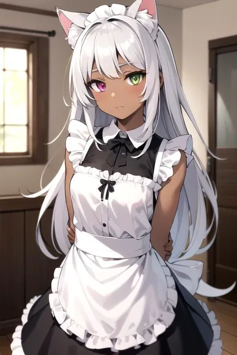 (sfw), cat girl, cute, (dark bronze skin, absurdly long silver hair, silver fur, fluffy cat ears), detailed eyes, heterochromia, detailed maid outfit, arms behind back, cowboy shot, inside, detailed room background