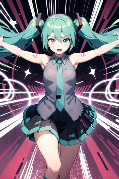 intricate details, hatsune miku, running forward, outstretched arms, detailed psychedelic background, abstract shapes, spirals, motion lines, cowboy shot