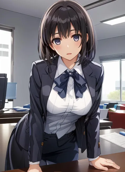 (masterpiece:1.2), (best quality:1.2) 1girl, solo, smile, standing, breasts, indoors, looking at viewer, formal, office lady, :o, <lora:misaki_kurehito-141:0.9>