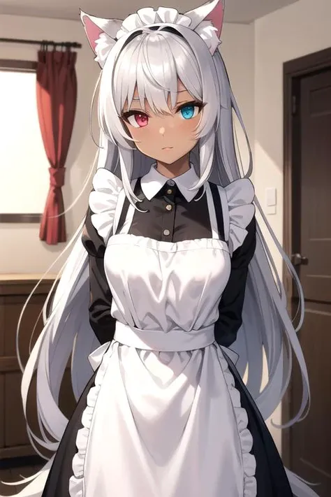 (sfw), cat girl, cute, (dark bronze skin, absurdly long silver hair, silver fur, fluffy cat ears), detailed eyes, heterochromia, detailed maid outfit, arms behind back, cowboy shot, inside, detailed room background
