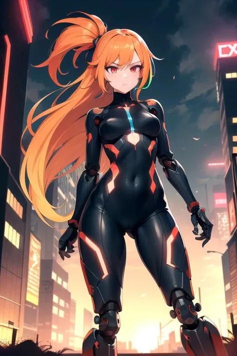 sfw, intricate details, detailed background, futuristic cyberpunk city, tall buildings, action pose, bright neon colors, 1girl, petite, ((mechanical arms, mechanical legs)), (absurdly long hair, multicolored hair, gradient red to yellow hair, blowing in the wind), beautiful expressionless face, glowing red eyes, impossible ribbed bodysuit, night