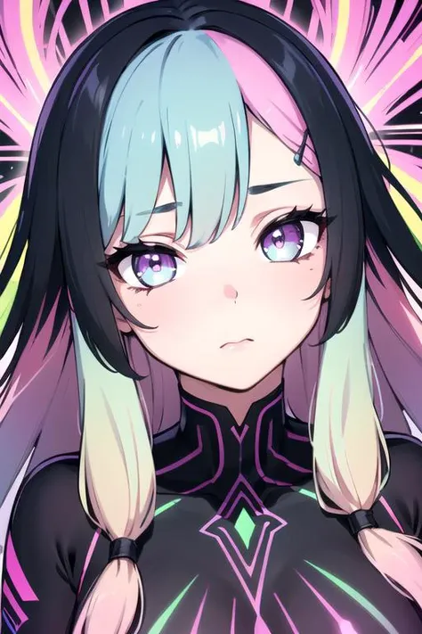 (multicolored hair, long hair), beautiful detailed face, reflective eyes, expressive eyes, colorful eyes, eyelashes, ((psychedelic)), hypnotizing background, (((pastel colors))), distinct outline, thick black outline around character, neon glow, (face focus), rich dress, intricately detailed clothing, perfect silk