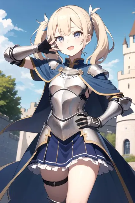 (sfw), 1girl, ite, beautiful face, reflective grey eyes, long blonde twintails, full knight armor, blue skirt, sabatons, gauntlets, blue cloak, detailed background, castle behind, victory pose, happy, blue sky