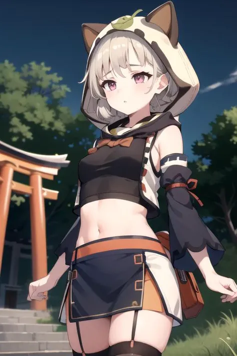 intricate details, 1girl, sayudef, <lora:numeratic_sayuGenshinImpact_v10:0.8>, aged up, absurdly long beige hair, detailed reddish eyes, hood up, detailed crop top, detached sleeves, midriff, detailed skirt, detailed stockings, outside, torii, detailed background, cowboy shot