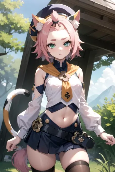 intricate details, 1girl, dionadef, <lora:numeratic_dionaGenshinImpact_v10:0.8>, aged up, absurdly long pink hair, calico cat ears, detailed teal green eyes, detailed crop top, detached sleeves, midriff, detailed skirt, detailed stockings, outside, nature, detailed background, cowboy shot
