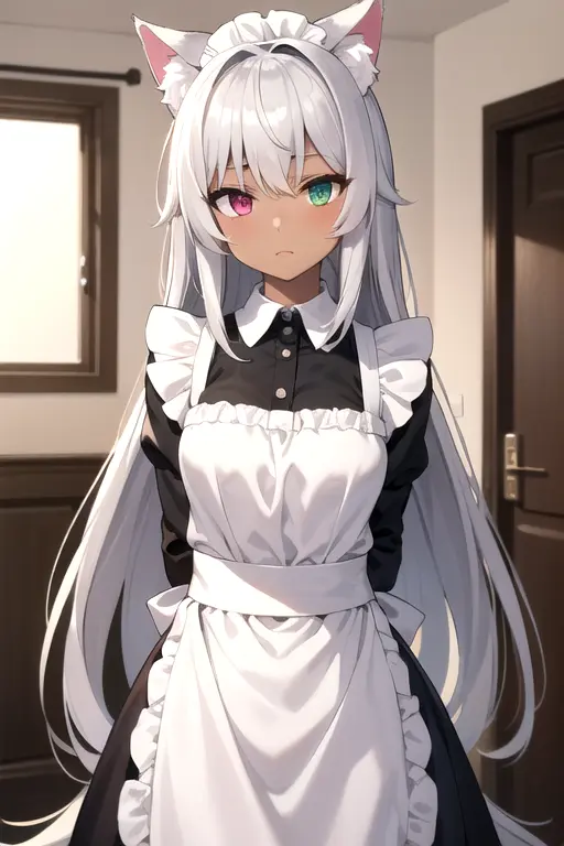 (sfw), cat girl, cute, (dark bronze skin, absurdly long silver hair, silver fur, fluffy cat ears), detailed eyes, heterochromia, detailed maid outfit, arms behind back, cowboy shot, inside, detailed room background