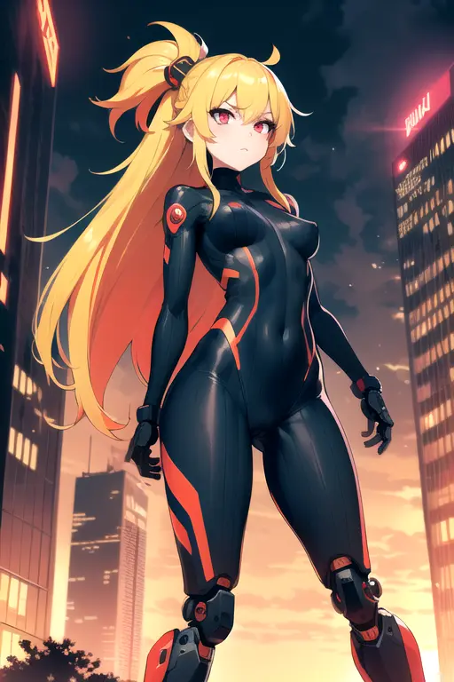 sfw, intricate details, detailed background, futuristic cyberpunk city, tall buildings, action pose, bright neon colors, 1girl, petite, ((mechanical arms, mechanical legs)), (absurdly long hair, multicolored hair, gradient red to yellow hair, blowing in the wind), beautiful expressionless face, glowing red eyes, impossible ribbed bodysuit, night
