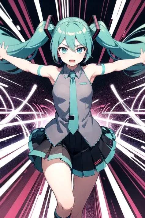 intricate details, hatsune miku, running forward, outstretched arms, detailed psychedelic background, abstract shapes, spirals, motion lines, cowboy shot