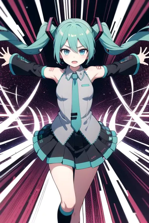 intricate details, hatsune miku, running forward, outstretched arms, detailed psychedelic background, abstract shapes, spirals, motion lines, cowboy shot