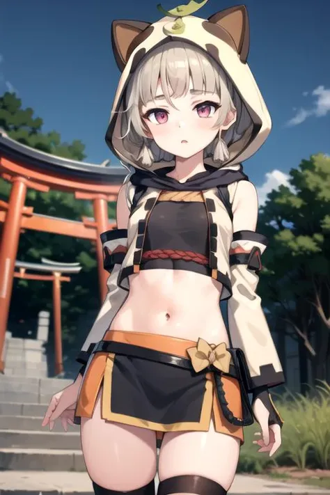 intricate details, 1girl, sayudef, <lora:numeratic_sayuGenshinImpact_v10:0.8>, aged up, absurdly long beige hair, detailed reddish eyes, hood up, detailed crop top, detached sleeves, midriff, detailed skirt, detailed stockings, outside, torii, detailed background, cowboy shot