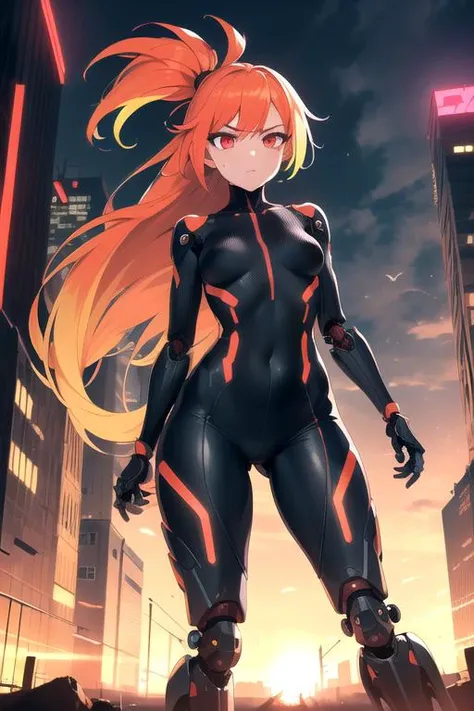 sfw, intricate details, detailed background, futuristic cyberpunk city, tall buildings, action pose, bright neon colors, 1girl, petite, ((mechanical arms, mechanical legs)), (absurdly long hair, multicolored hair, gradient red to yellow hair, blowing in the wind), beautiful expressionless face, glowing red eyes, impossible ribbed bodysuit, night