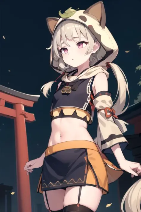 intricate details, 1girl, sayudef, <lora:numeratic_sayuGenshinImpact_v10:0.8>, aged up, absurdly long beige hair, detailed reddish eyes, hood up, detailed crop top, detached sleeves, midriff, detailed skirt, detailed stockings, outside, torii, detailed background, cowboy shot