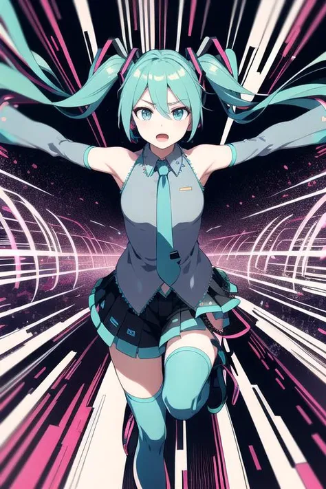 intricate details, hatsune miku, running forward, outstretched arms, detailed psychedelic background, abstract shapes, spirals, motion lines, cowboy shot