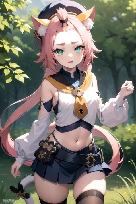 intricate details, 1girl, dionadef, <lora:numeratic_dionaGenshinImpact_v10:0.8>, aged up, absurdly long pink hair, calico cat ears, detailed teal green eyes, detailed crop top, detached sleeves, midriff, detailed skirt, detailed stockings, outside, nature, detailed background, cowboy shot