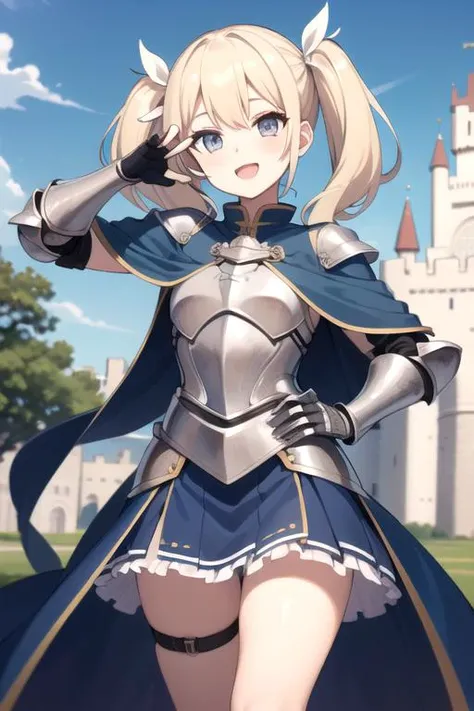 (sfw), 1girl, ite, beautiful face, reflective grey eyes, long blonde twintails, full knight armor, blue skirt, sabatons, gauntlets, blue cloak, detailed background, castle behind, victory pose, happy, blue sky