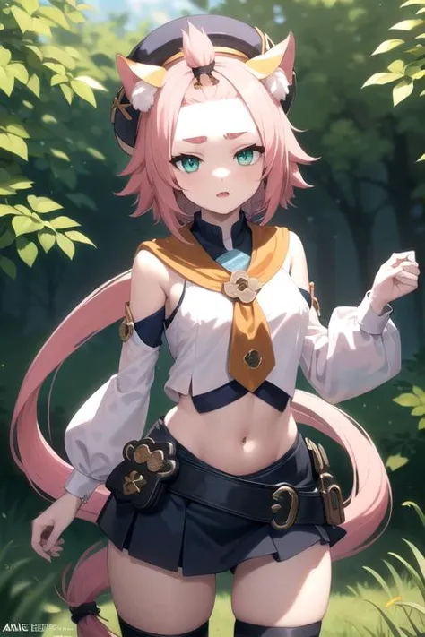 intricate details, 1girl, dionadef, <lora:numeratic_dionaGenshinImpact_v10:0.8>, aged up, absurdly long pink hair, calico cat ears, detailed teal green eyes, detailed crop top, detached sleeves, midriff, detailed skirt, detailed stockings, outside, nature, detailed background, cowboy shot