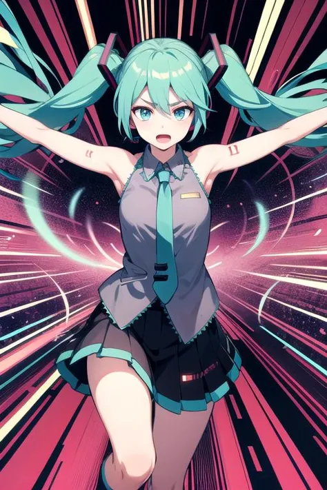 intricate details, hatsune miku, running forward, outstretched arms, detailed psychedelic background, abstract shapes, spirals, motion lines, cowboy shot