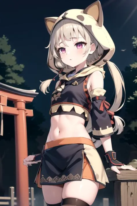 intricate details, 1girl, sayudef, <lora:numeratic_sayuGenshinImpact_v10:0.8>, aged up, absurdly long beige hair, detailed reddish eyes, hood up, detailed crop top, detached sleeves, midriff, detailed skirt, detailed stockings, outside, torii, detailed background, cowboy shot