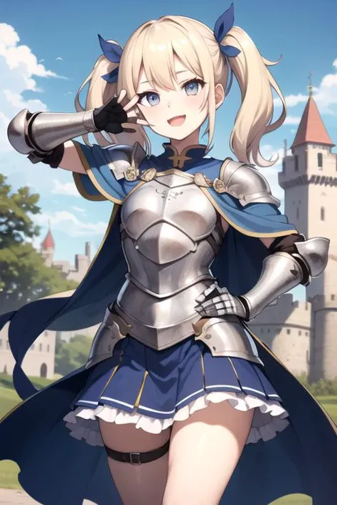 (sfw), 1girl, ite, beautiful face, reflective grey eyes, long blonde twintails, full knight armor, blue skirt, sabatons, gauntlets, blue cloak, detailed background, castle behind, victory pose, happy, blue sky