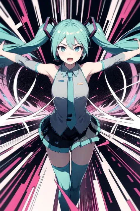 intricate details, hatsune miku, running forward, outstretched arms, detailed psychedelic background, abstract shapes, spirals, motion lines, cowboy shot