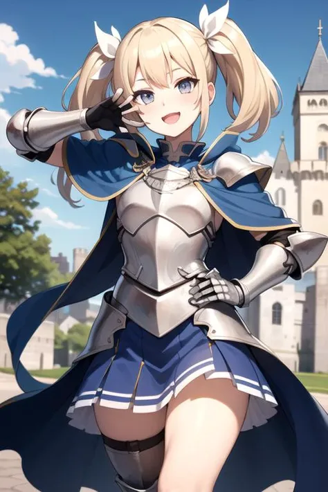 (sfw), 1girl, ite, beautiful face, reflective grey eyes, long blonde twintails, full knight armor, blue skirt, sabatons, gauntlets, blue cloak, detailed background, castle behind, victory pose, happy, blue sky