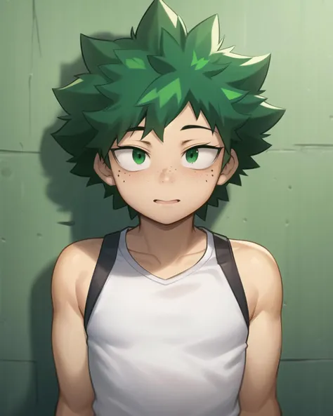 (masterpiece, best quality:1.15), 1boy, solo, male focus, (izuku midoriya:1.05), from my hero academia, deku, green hair, spiked hair, short hair, green eyes, freckles, white gloves