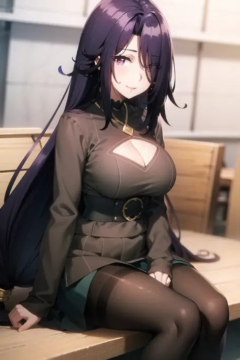 masterpiece, best quality, AuroraV4, 1girl, solo, looking at viewer, purple hair, long hair, solo, ((blush, long sleeves, pantyhose, alternate costume, brown sweater, sleeves past wrists, black pantyhose, ribbed sweater, thighband pantyhose, ankle boots)), breasts, indoors, japanese architecture, holding cup, cup, couch, sitting, professional lighting, smile, cowboy shot, cleavage, very long hair, black hair, night