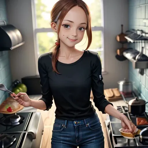 masterpiece, best quality, ultra highres, 1girl, (bbtakagi:1.5), long hair, low ponytail, (collarbone:0.5), plain black shirt, long sleeves, long blue pants, jeans, <lora:takagi-san_v1:0.7>, indoors, full body view, (mischievous smile:1.1),
21 years old,
<lora:ahx_v1:1>  skinny arms, slim body, skinny girl, skinny hips, narrow torso, thin torso,
(cooking in the kitchen:1.5)