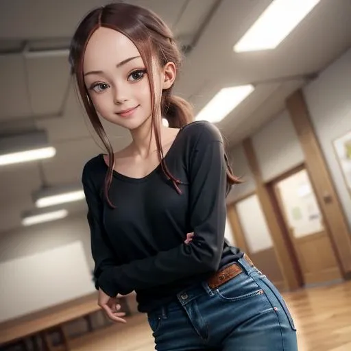 masterpiece, best quality, ultra highres, 1girl, (bbtakagi:1.5), long hair, low ponytail, (collarbone:0.5), plain black shirt, long sleeves, long blue pants, jeans, <lora:takagi-san_v1:0.7>, indoors, full body view, (mischievous smile:1.1),
21 years old,
<lora:ahx_v1:1> skinny arms, slim body, skinny girl, skinny hips, narrow torso, thin torso,