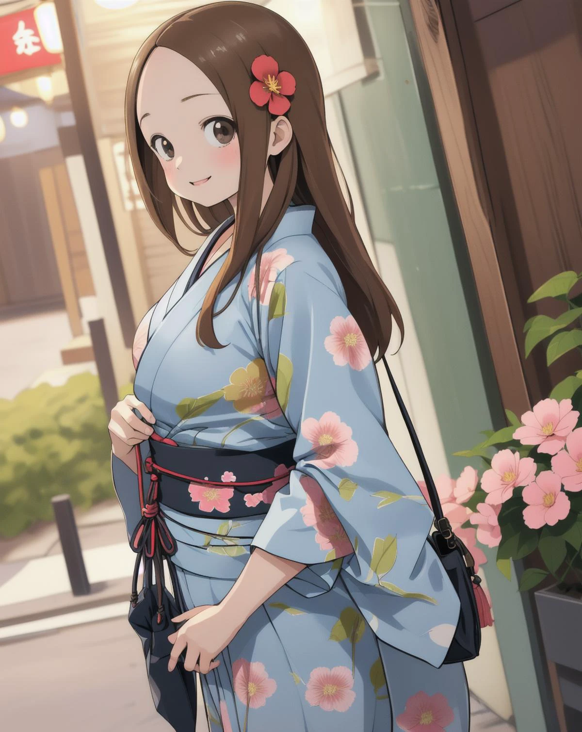 cute illustration, highres, aatakagi, long hair, japanese clothes, yukata, flower pattern, gentle smile, kind, drawstring bag, festival, night, crowded, front view, front breasts <lora:takagi-san_v1:1>