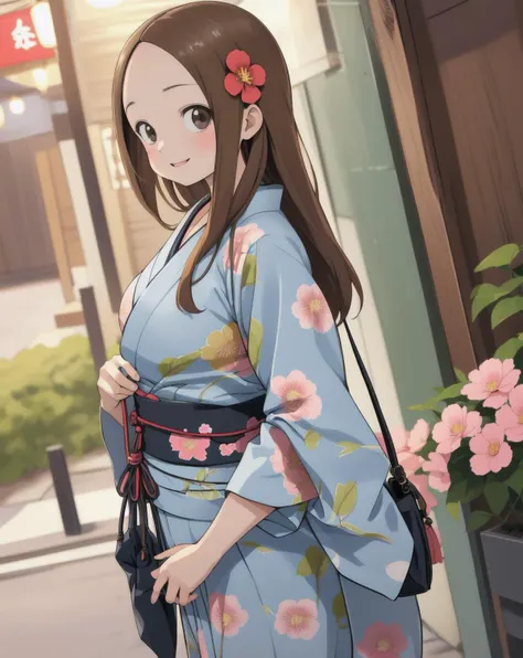 cute illustration, highres, aatakagi, long hair, japanese clothes, yukata, flower pattern,  gentle smile, kind, drawstring bag, festival, night, crowded, front view, front breasts <lora:takagi-san_v1:1>