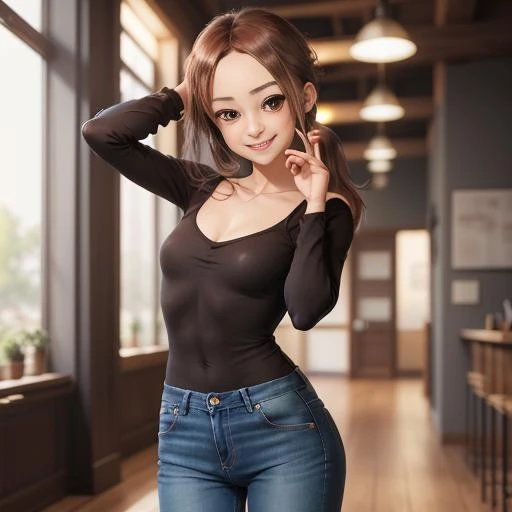 masterpiece, best quality, ultra highres, 1girl, (bbtakagi:1.4), long hair, low ponytail, (collarbone:0.5), plain black shirt, long sleeves, long blue pants, jeans, <lora:takagi-san_v1:0.5>, indoors, full body view, (mischievous smile, sexy pose:1.4),
18 years old,
<lora:ahx_v1:0.6> skinny arms, slim body, skinny girl, skinny hips, narrow torso, thin torso,
(beautiful brown eyes:1.5)