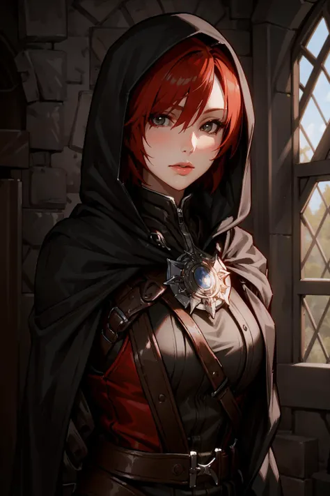 (masterpiece, best quality),
1girl, solo, looking at viewer,
<lora:LelianaDA:0.68> short red hair, knight armor, black hood, bright lighting,