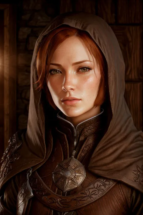 <lora:LelianaDA:0.67>, masterpiece, highest quality, RAW, analog style, A stunning portrait of a beautiful woman,  short red hair, wearing  ranger armor and hood, wooden wall panel, dark lighting, ((highly detailed skin, skin details)), sharp focus, 8k UHD, DSLR, high quality, film grain, Fujifilm XT3, frowning, intricately detailed, highly detailed, cluttered and detailed background