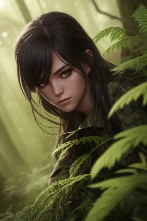in the forest, army sniper girl hiding in bushes, beautiful detailed glow, detailed, Cinematic light, intricate detail, highres, detailed facial features, high detail, sharp focus, smooth, aesthetic,  extremely detailed,  octane render, artgerm style, short black disheveled hair, (modest pose:1.2), volumetric light, bright colors,