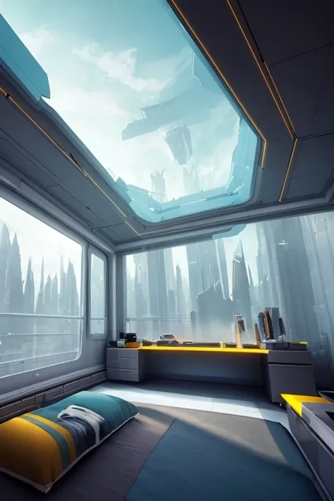 a gorgeous sci - fi bedroom matte painting by john harris, sparth and greg rutkowski. sharp edges, tiffany blue, grey orange, white and golden. sci - fi bedroom in a space base, outside the windows a future city skyline, light effect. ultra clear detailed, 3 d, octane render. 8 k
