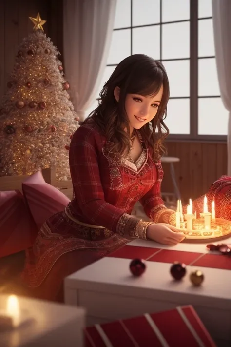 happy new year beautiful girl in, cozy intricate christmas room, log cabin Interior, Semi-dark, cozy atmosphere, night, masterpiece, best quality, epic warm lighting, cinematic composition, game cg, hyperrealistic, beautiful detailed glow, detailed, warm light, intricate detail, highres, detailed facial features, high detail, sharp focus, smooth, aesthetic, extremely detailed, octane render, hdr, bright colors, gift box in hand
