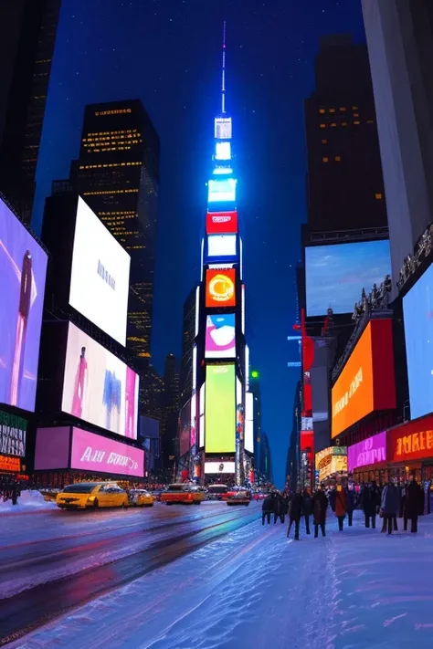 times square, aurora borealis, night sky, snow, extremely detailed painting by Greg Rutkowski and by Henry Justice Ford and by Steve Henderson