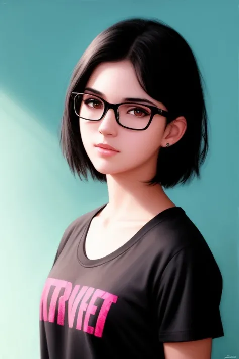 Facial portrait of a cute teenage girl, brazilian, pale skin, black hair, very short hair, dark brown eyes, t-shirt, sweat, glasses, neon colors, night, looking at the camera, extremely detailed painting by Greg Rutkowski and by Henry Justice Ford and by Steve Henderson