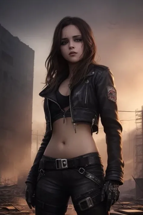 Young beautiful Girl hiding in shattered industrial atmosphere,post apocalyptic ruined city, high detail, black colors,( cyberpunk), detailed eyes, hdr, 8k, ultra realistic, belly, (skulls on the ground), (small chest), black leather jacket, (beautiful detailed eyes), (detailedlight), ((intricate detail)), (highres), rubin-like dark red eyes, detailed background, ((illustration)), (((masterpiece))), ((best quality)), (High resolution)