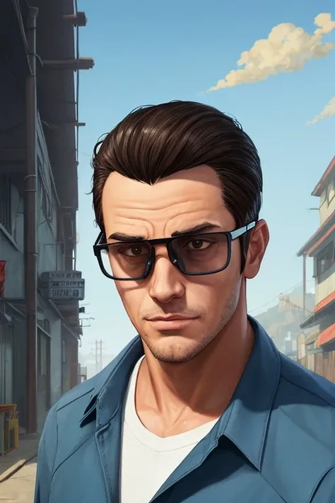 facefoward portrait of one handsome man wearing a safety helmet and wearing a buttoned long sleeve blue shirt and wearing clear industrial safety glasses, Stoic, gentle looking, neighborhood background, inspired on heartstone gta5 cover, | official behance hd artstation by Jesper Ejsing, by RHADS, Makoto Shinkai