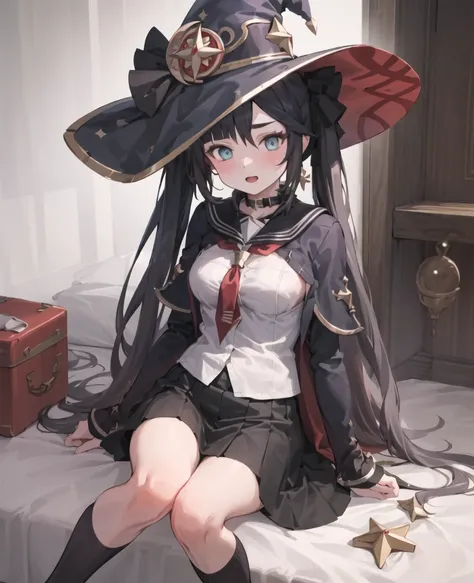 masterpiece, best quality, 1girl, solo, school uniform, shirt, tie, skirt, witch hat <lora:Mona-000042:1>