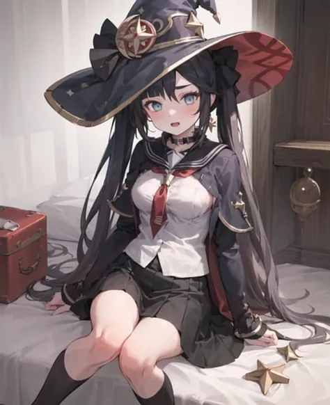 masterpiece, best quality, 1girl, solo, school uniform, shirt, tie, skirt, witch hat <lora:Mona-000042:1>