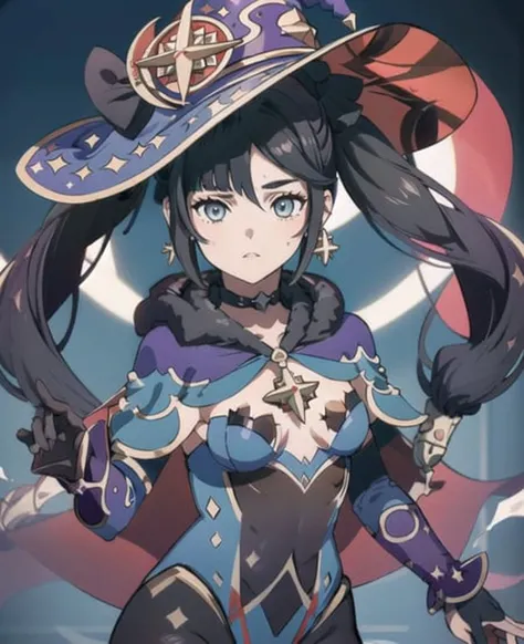 masterpiece, best quality, 1girl, solo, mona_genshin, default_dress, witch hat, twintails <lora:Mona-000042:1>