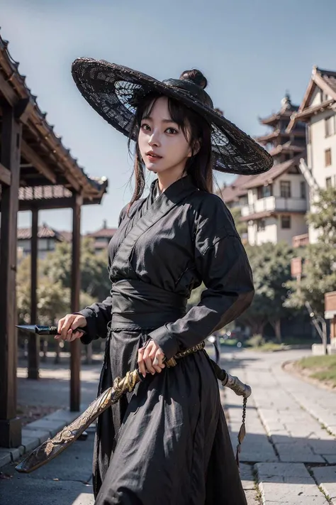 1girl dress like move The Flying Swords of Dragon Gate, white_linen_clothes, furry_caot, bamboo_hat, masterpiece, best quality, 8k, photorealistic, <lora:Han_Ye_Seul_v3:1>